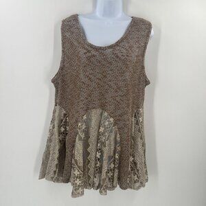 Areve Women Size XL Brown Boho Fairy Sheer Lace Tunic Tank Top